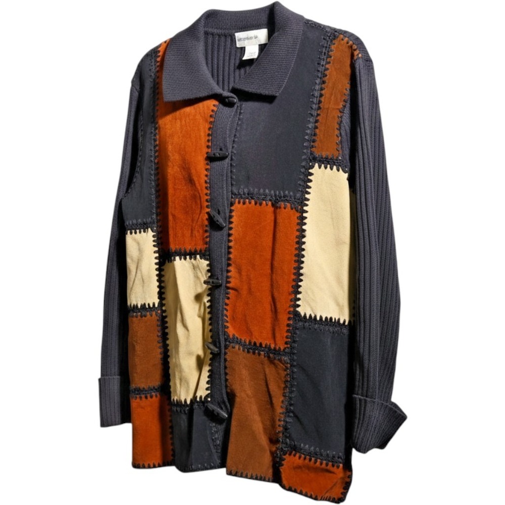 Vintage Patchwork Leather Suede Ribbed Knit Toggle Cardigan M Western Boho Retro